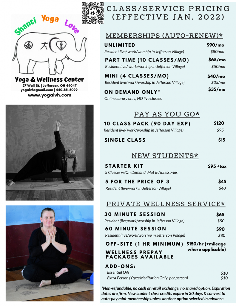 Pricing* – Shanti Yoga Love 27 Wall St. Jefferson, OH